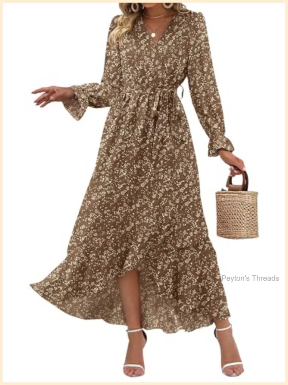 BTFBM Women's Long Sleeve Boho Wrap V Neck High Low Maxi Dress with Ruffle Cuffs
